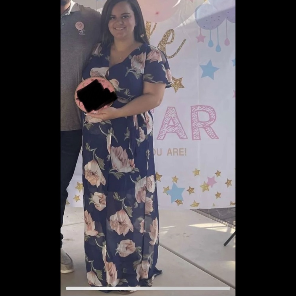 Short sleeve navy dress with pink flowers High slit